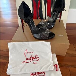 Christian Louboutin Black Crystal-Studded Open-Toe Lace-Up Heels